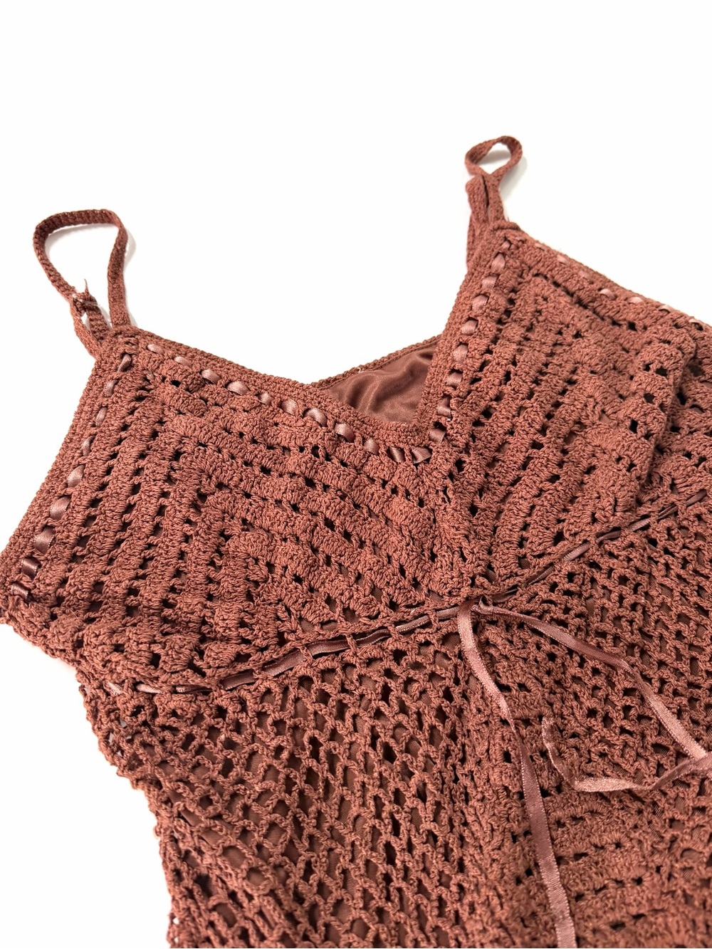 Vintage Chocolate Brown Crochet Cami Tank Top — Silk Blend Boho Fairy S/M - Picture 4 of 12